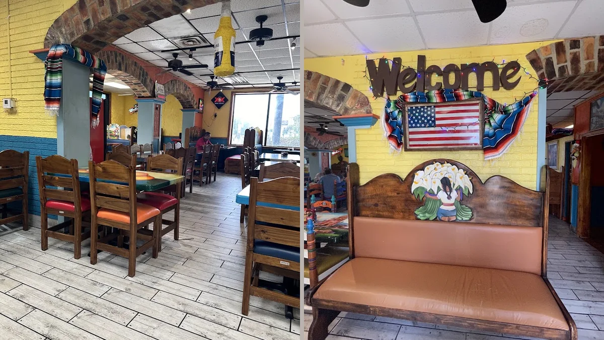 Mexican restaurant interior with tables and warm lighting.